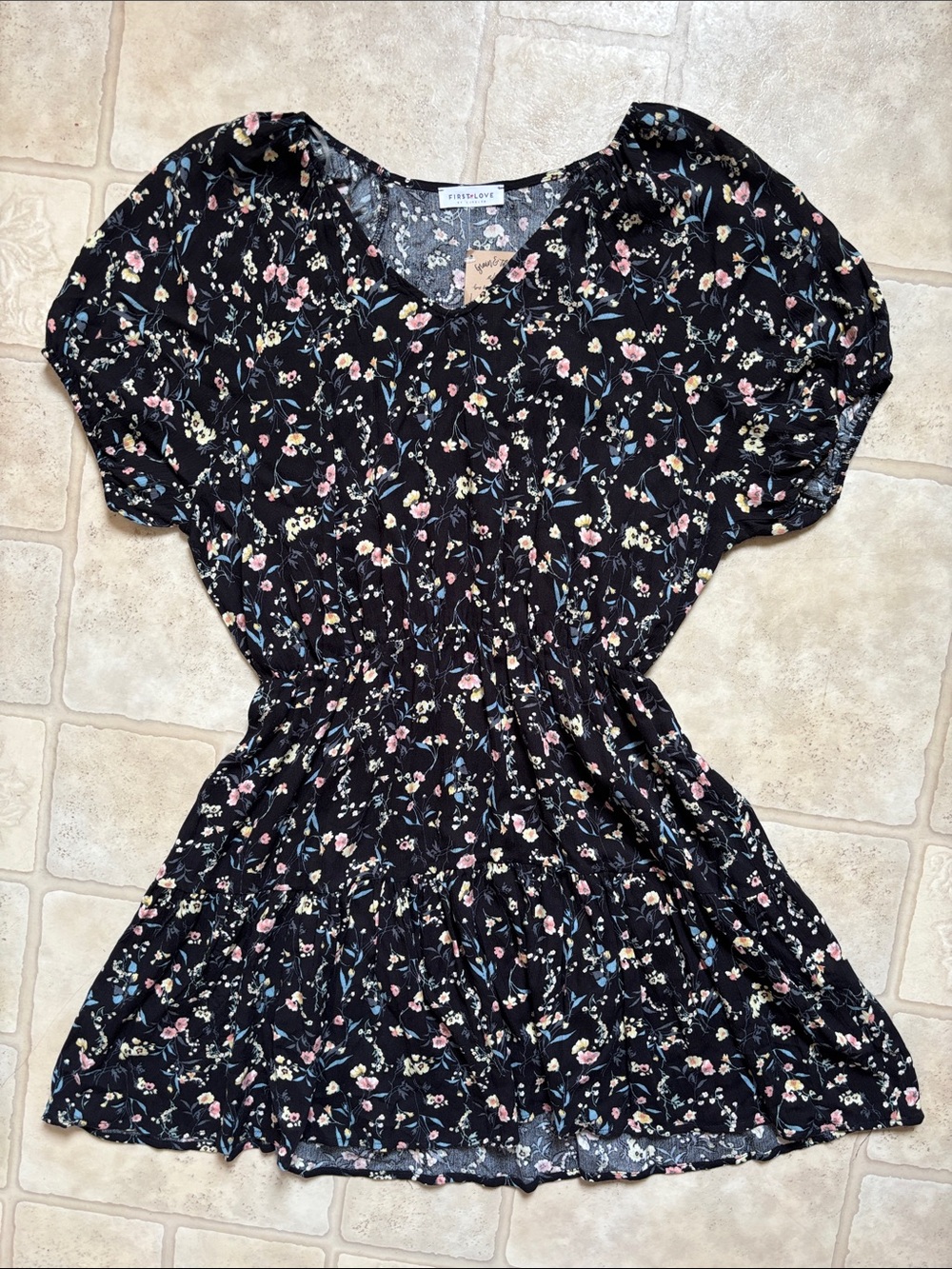 NWT First Love by Lovelyn Black Floral Short Sleeve Dress Women’s Size Large